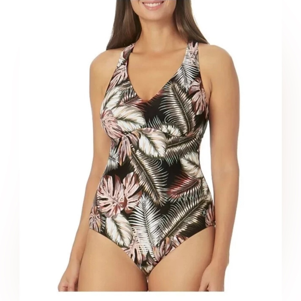 Hurley Pink and Black Leaf Print Kids One Piece